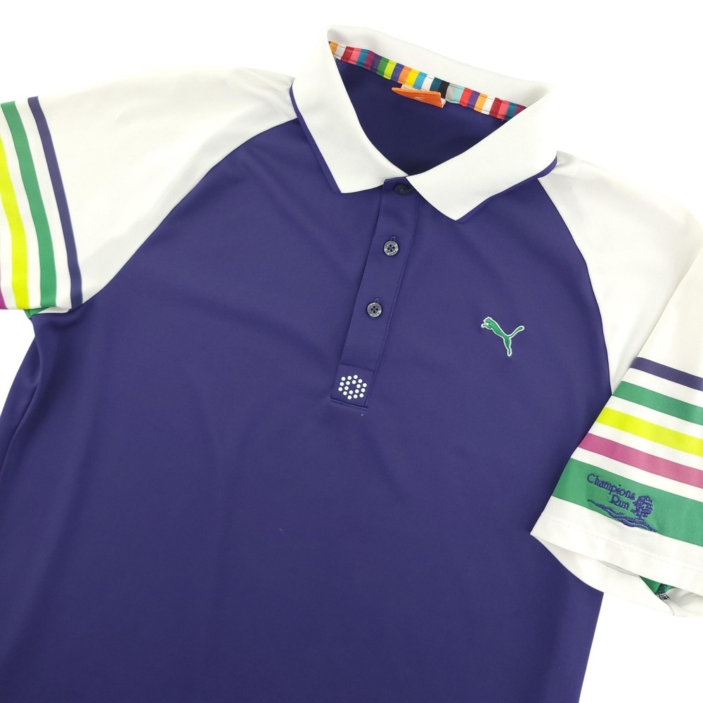 Puma Polo Shirt Mens M Purple Stripe Champions Run Golf Performance Top